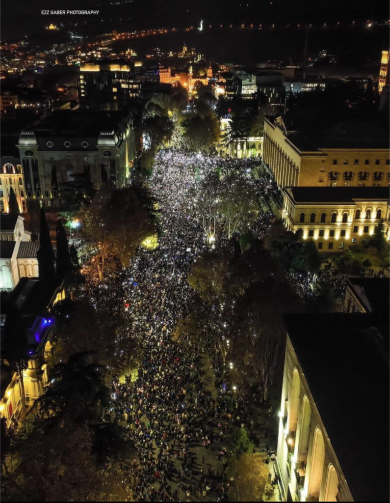 Aerial shot of hundreds of thousands of protestors in Tbilisi Georgia 