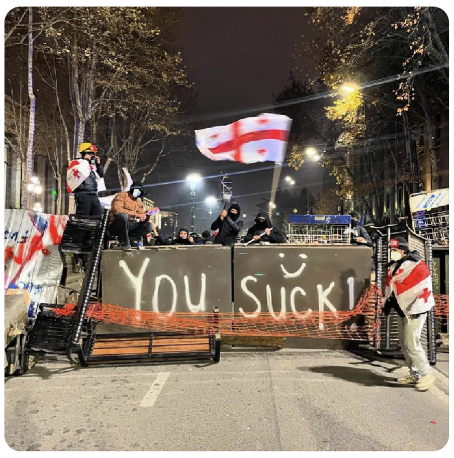 Protestors in Tbilisi, Georgia wave flags from behind a makeshift barricade designed to deter riot police. Someone has spray painted 'You suck!' and a smiley face on it.