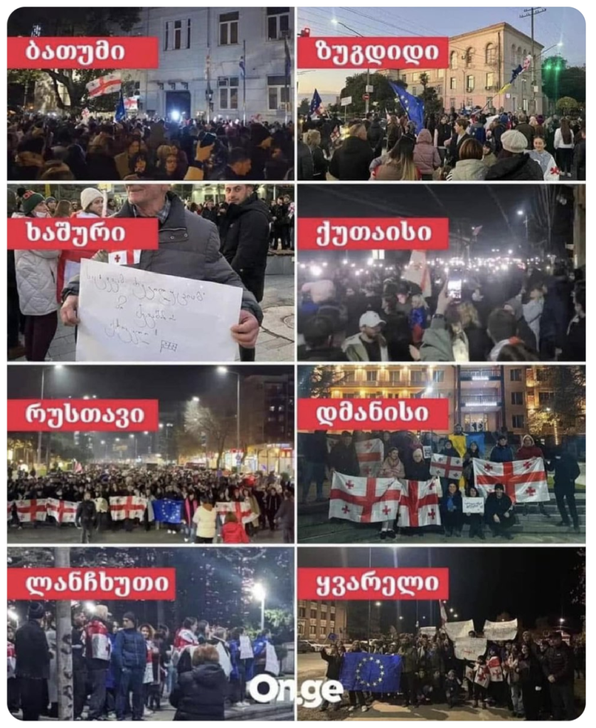 Montage of photos of protests in 8 different towns and cities in Georgia