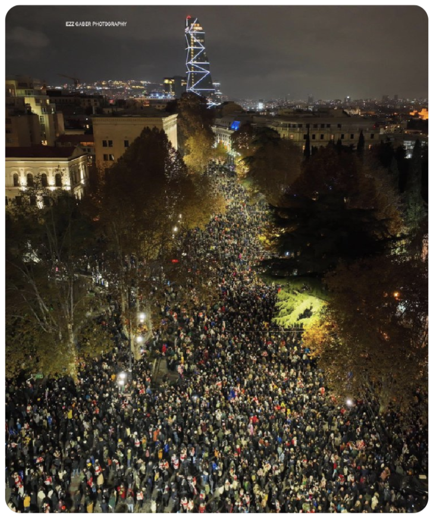 Aerial shot of over a hundred thousand protestors in Tbilisi, Georgia