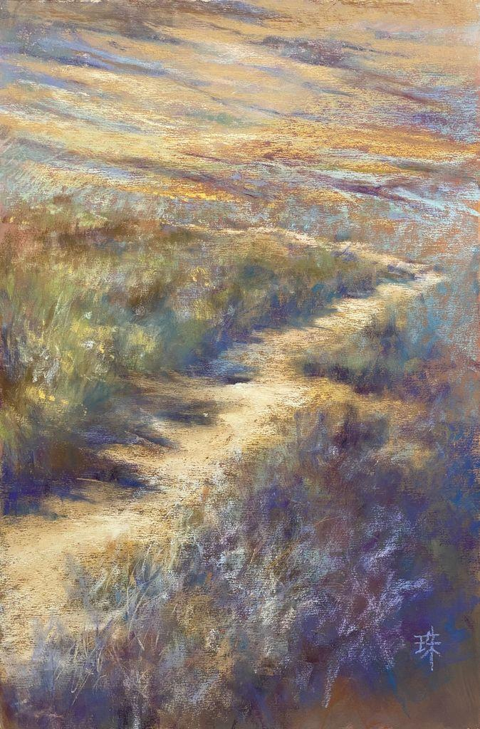 A pastel landscape painting in vertical format. A narrow dirt path is leading you into a field of sagebrushes. 