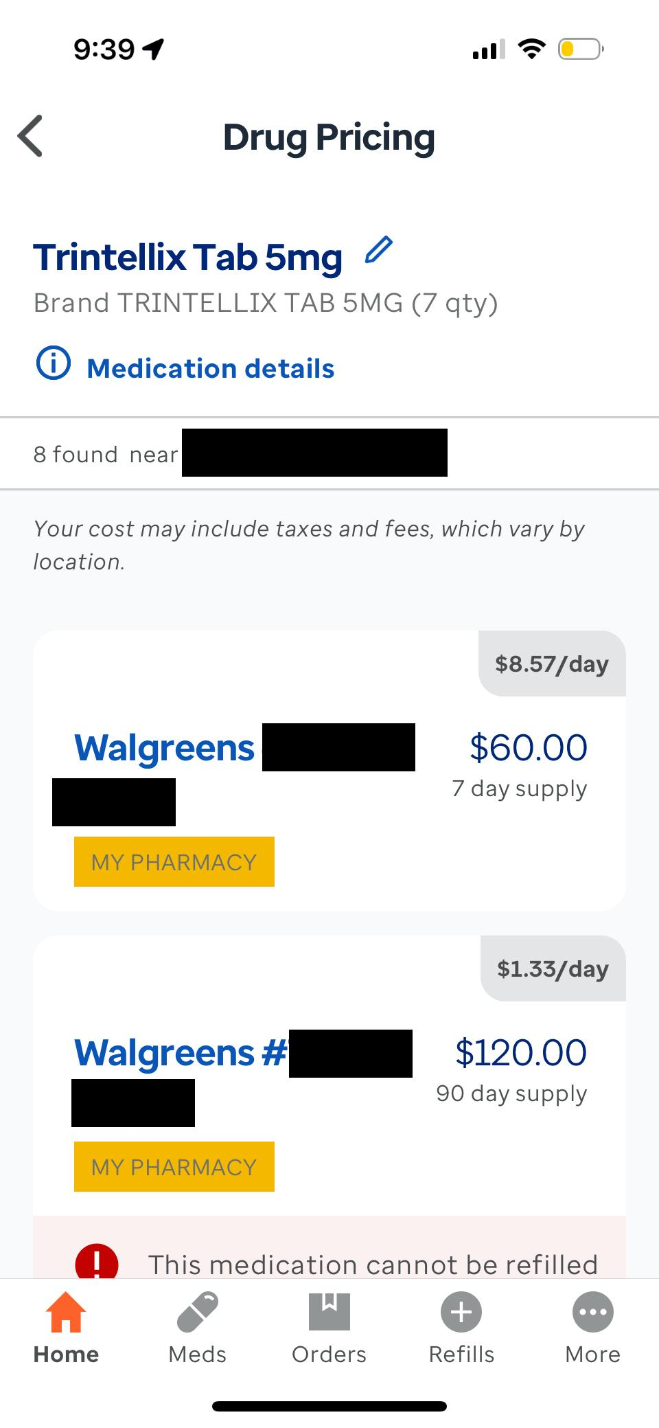 A screenshot of United Healthcare's OptumRX app, "Drug Pricing" page, showing that a 7-day supply of Trintellix anti-depressant costs $60, or $8.57 / day.

Or, $120 for a 90 day supply (not relevant to me, since I'll bump from 5mg to 10mg after seven days)