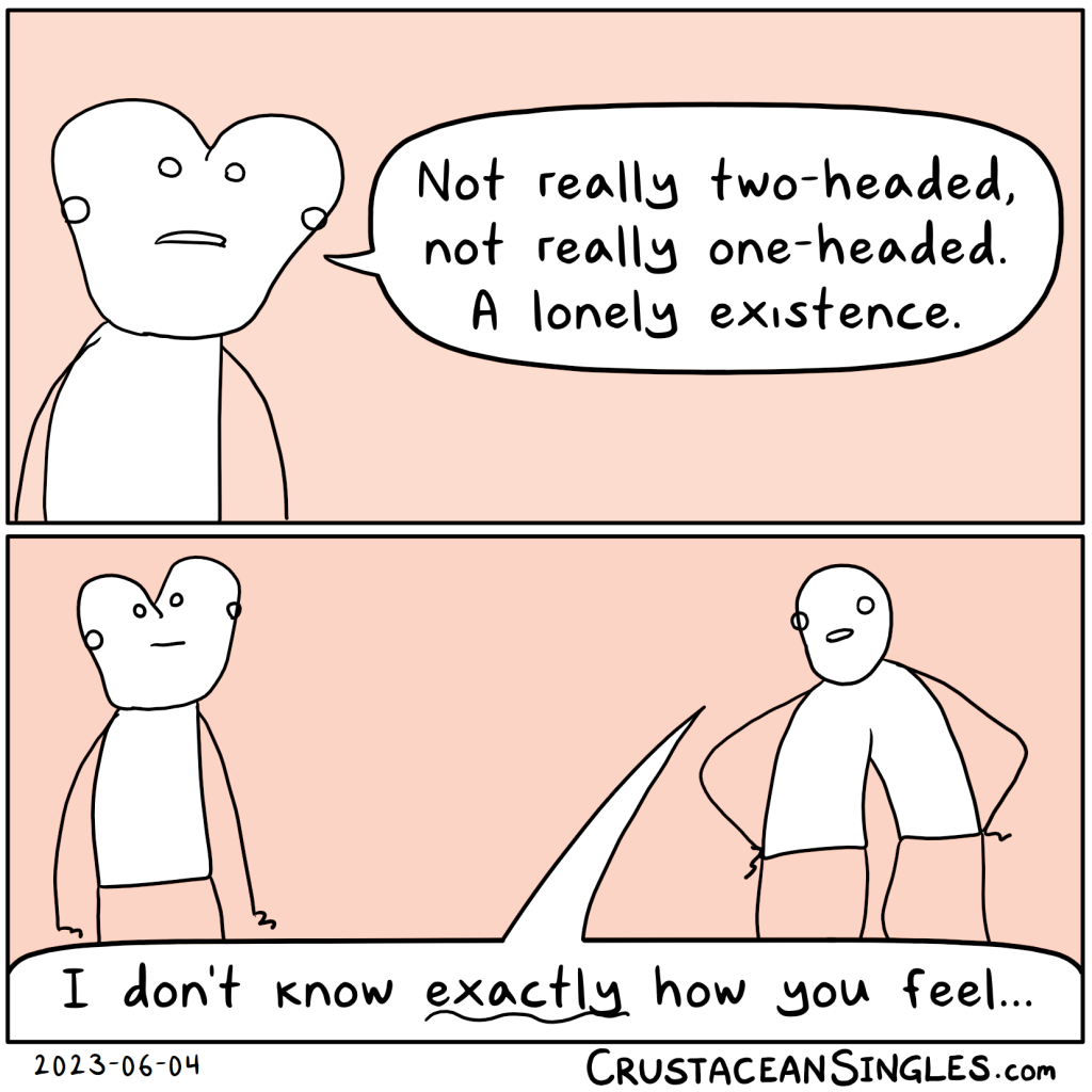 Panel 1 of 2: a stick figure whose head splits into two heads about halfway up the head, such that there are four eyes but only one mouth, says, "Not really two-headed, not really one-headed. A lonely existence." Panel 2 of 2: zoom out to show another stick figure whose body splits at the mid-chest, such that they have two arms but four legs, says, "I don't know ~exactly~ how you feel..."