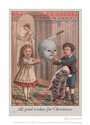 An old illustrated Christmas card featuring two young children in a room with stripey patterned wallpaper and carpet, carrying a platter with a grumpy snowman's head on it. There is a cleaver in its head (presumably why it's so grumpy). There is an archway behind them with a view to a woman working in a kitchen.  Below the image is the line "All good wishes for Christmas".  Genuinely one of the weirdest of all the weird cards I've seen. It now also features a tardigrade, from a scanning electron micrograph by Bob Goldstein and Vicky Madden, sourced from Wikimedia Commons. It looks like it is standing up on hind legs, leaning back and laughing. It is wearing a Santa Hat.