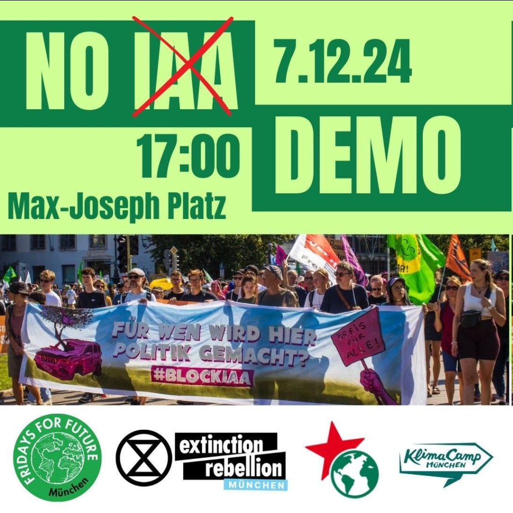 Begleitendes Bild zum Text: Bild einer Demo, darüber Ort und Zeit der kommenden Demo, darunter Logos von FFF-München, extinction rebellion und anderen.