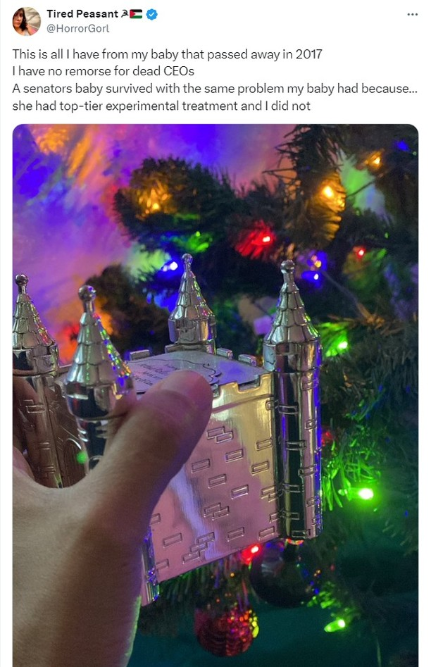 X post from Tired Peasant 
@HorrorGorl 

This is all | have from my baby that passed away in 2017 1 have no remorse for dead CEOs 

A senators baby survived with the same problem my baby had because... she had top-tier experimental treatment and | did not 

Photo of a hand holding what looks like a small silver castle. In the background is what appears to be part of a Christmas tree decorated with multicoloured lights