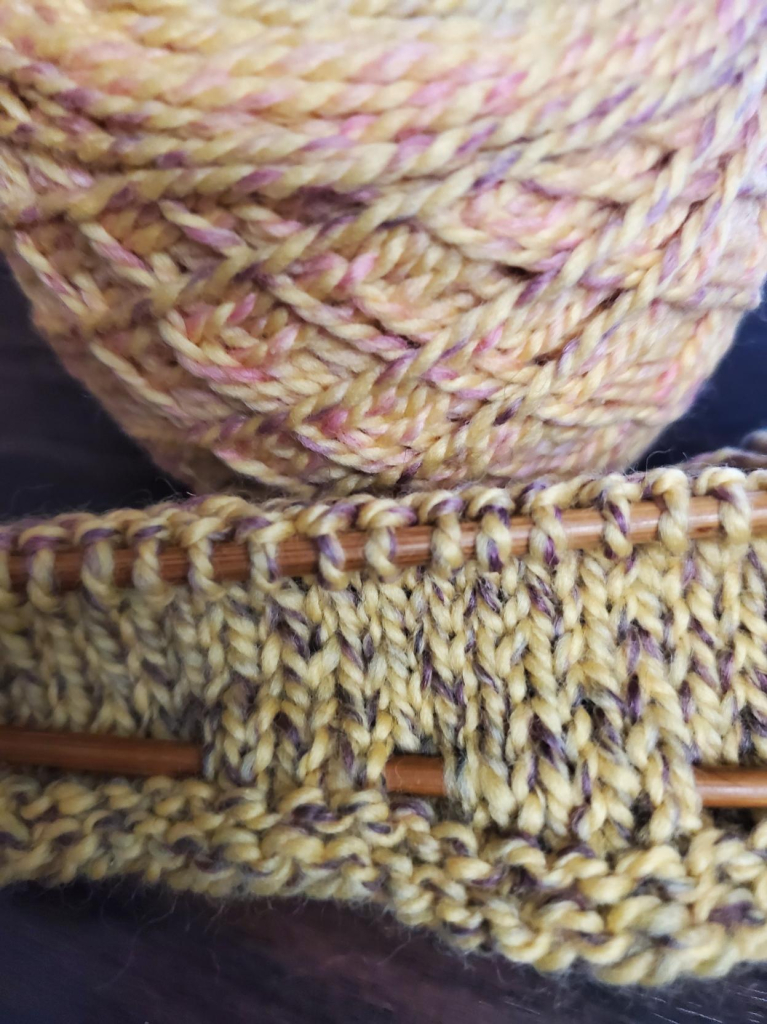 Close up of yarn cake and swatch