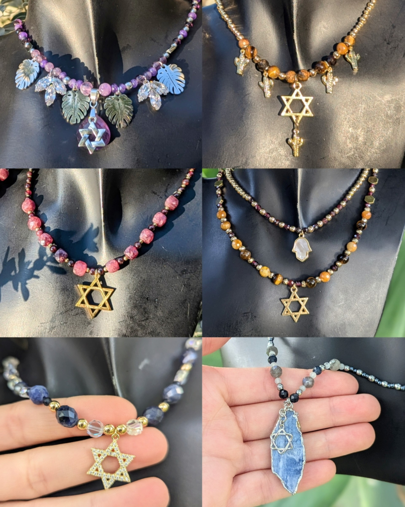 Photo collage of 7 handmade necklaces with Magen David and hamsa symbols 
Full of gemstons and nature inspired leafy designs 
Gemstones including Garnet, sodalite, blue calcite, tiger's eye, Jade and Amethyst