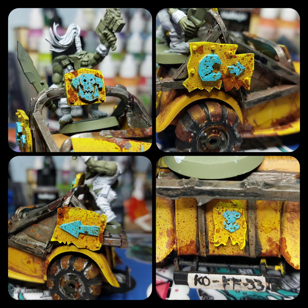 MG TC scale model turned into a post apocalyptic racer with PHAT tyres, bright colours and extra servings of rust. license plate reads K0-FF-33 because I went cold turkey on that stuff before painting it, on account of it triggering arrhythmias too often