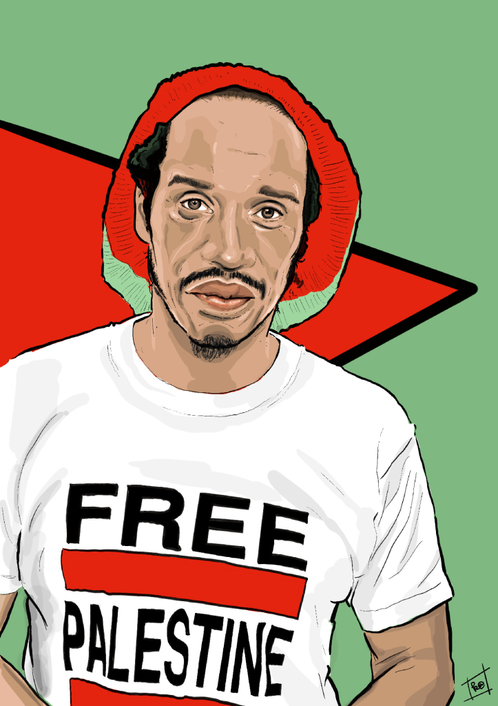 digital ink illustration of the magnificent human being that was benjamin zephaniah. here, he shows his solidarity with palestine by wearing a t-shirt that reads 'free palestine'. his gaze is confident, but not confrontational. 
colours are grey-gren, red, black & white.