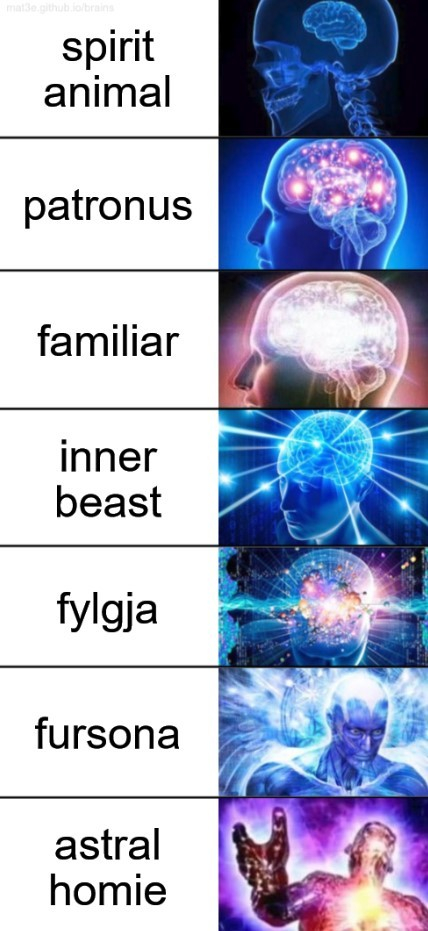 Galaxy brain meme
Tiny dark brain: "spirit animal"
Normal size, normal light brain: "patronus"
Lit up brain: "familiar" 
Brain emitting rays of light: "inner beast"
Brain unites with solar system: "fylgja"
Brain unites with cosmos: "fursona" 
Galaxy brain: "astral homie" 