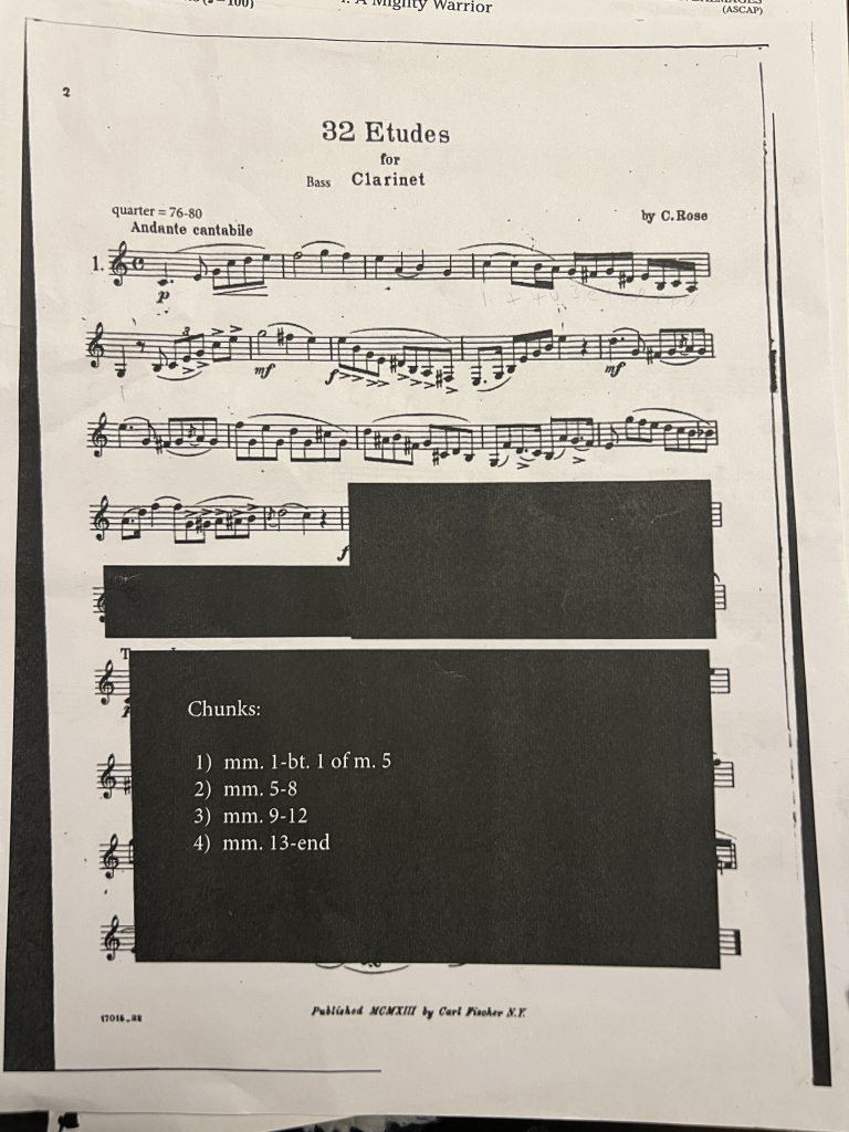 Photo of a sheet of music. 3 lines are visible and then a bunch of music is blocked out by opaque black rectangles. It resembles redacted classified documents that are made public, which the NSA is famous for