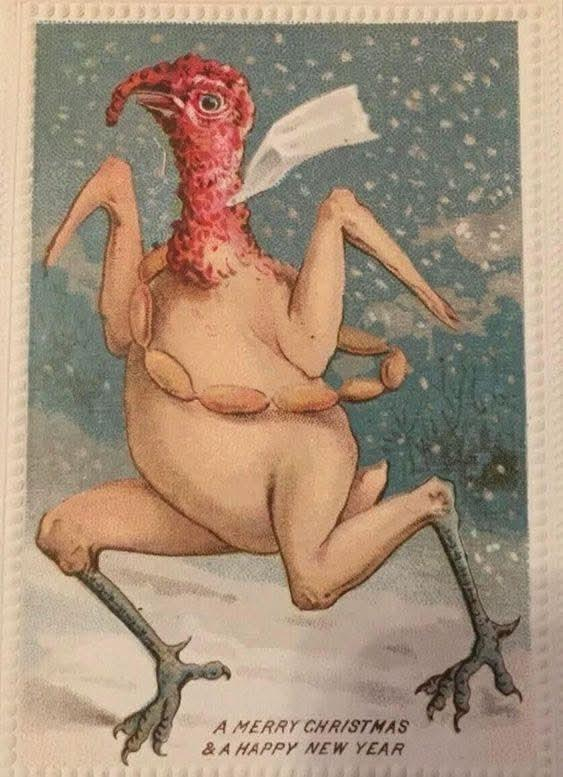 A very odd and unappealing Victorian Christmas card with a plucked turkey, festooned in a string of sausages, rubs across a snowy field. The text reads Merry Christmas and a happy new year.