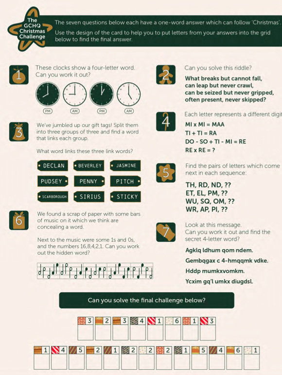 Screenshot of the questions That make top The GCHQ Christmas Puzzle. Sorry all, I am not going to be able to attempt to provide a decent alt-text