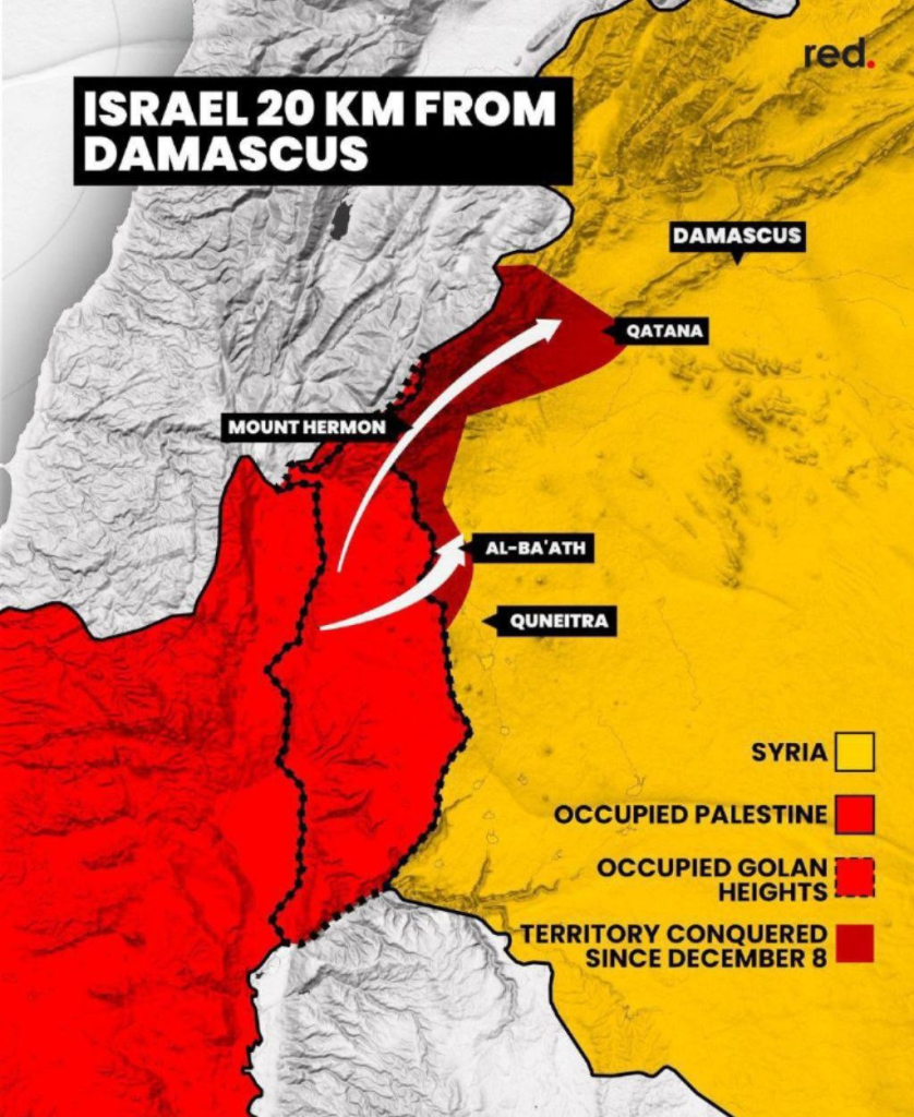 Mapa del sur de Siria, se ve en color rojo el norte de Israel, la zona ocupada de los Altos del Golan y el avance del ejército israelí hacía la capital de Siria, Damasco

Un cartel dice "Israel a 20km de Damasco"