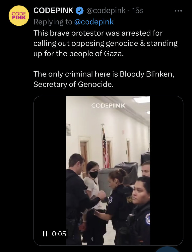 X post by Medea Benjamin with video of protestor being arrested in congress building