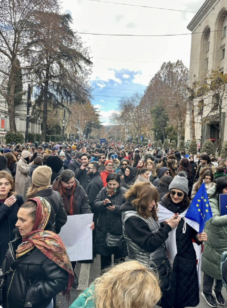 Protestors in Tbilisi, Georgia blocking the streets. There are protestors all the way to the horizon.