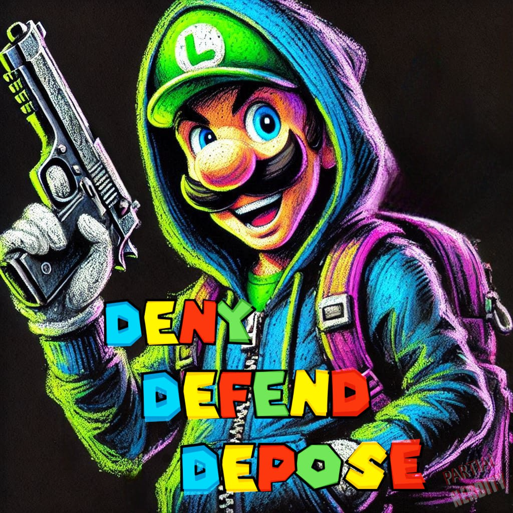 Luigi, Super Mario's brother, wearing a hoodie and bearing a handgun. Caption shows the word DENY, DEFEND and DEPOSE, written with the iconic Super Mario font, in referral to the killing of United HealthCare CEO Brian Thompson, allegedly executed by Luigi Mangione. 