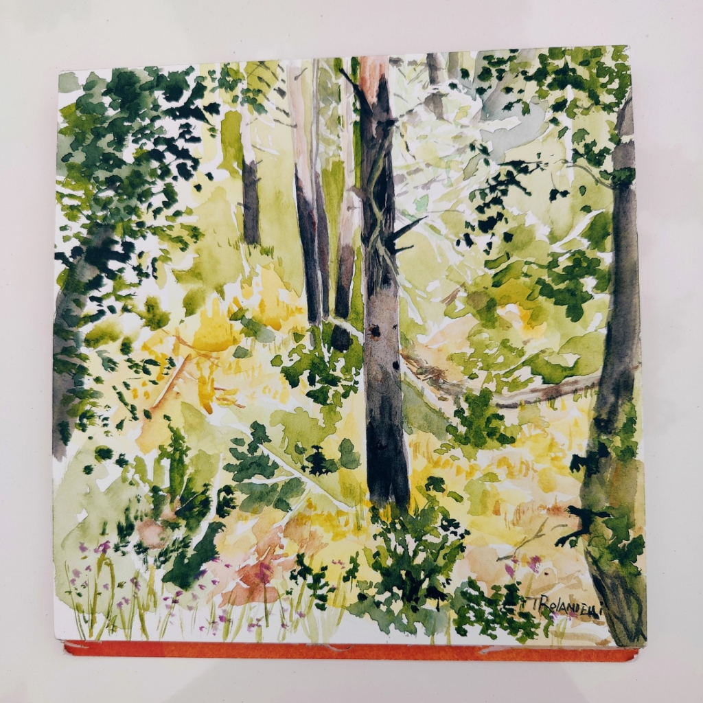 A square watercolor painting of a forest area with blackened trunks in the middle of green, leafy growth.