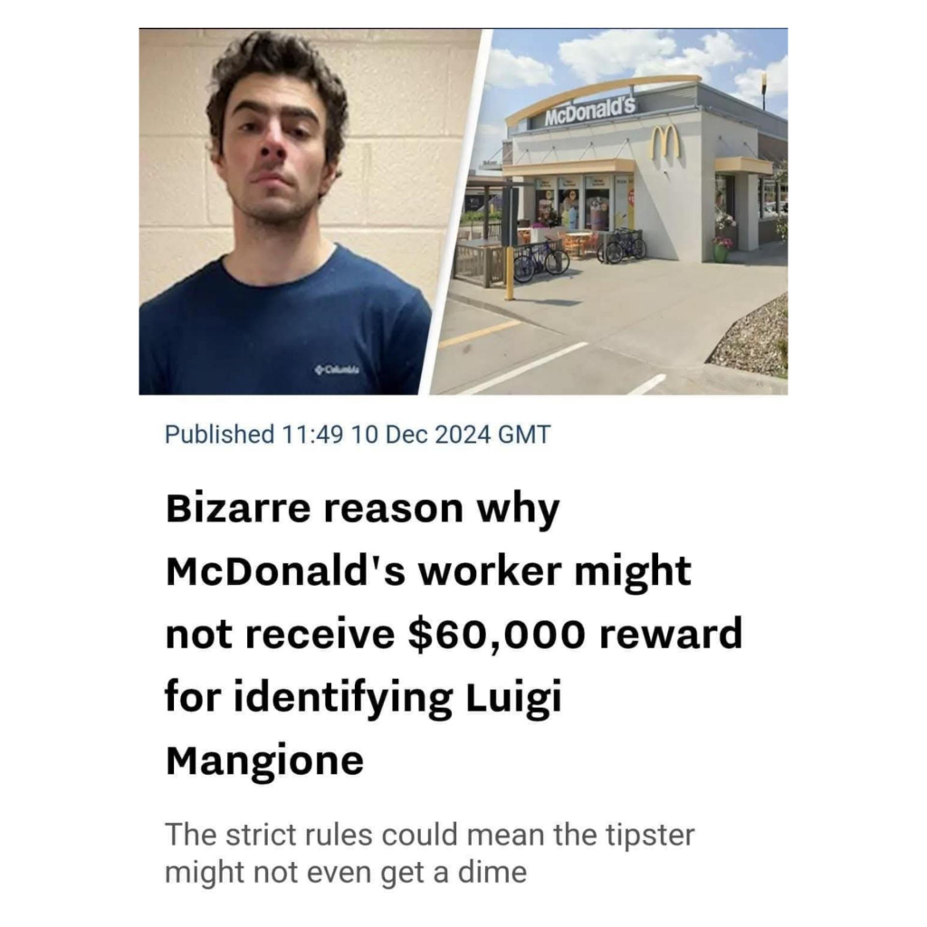 Screenshot of Unilad article with the headline "Bizarre reason why McDonald's worker might not receive $60,000 reward for identifying Luigi Mangione."