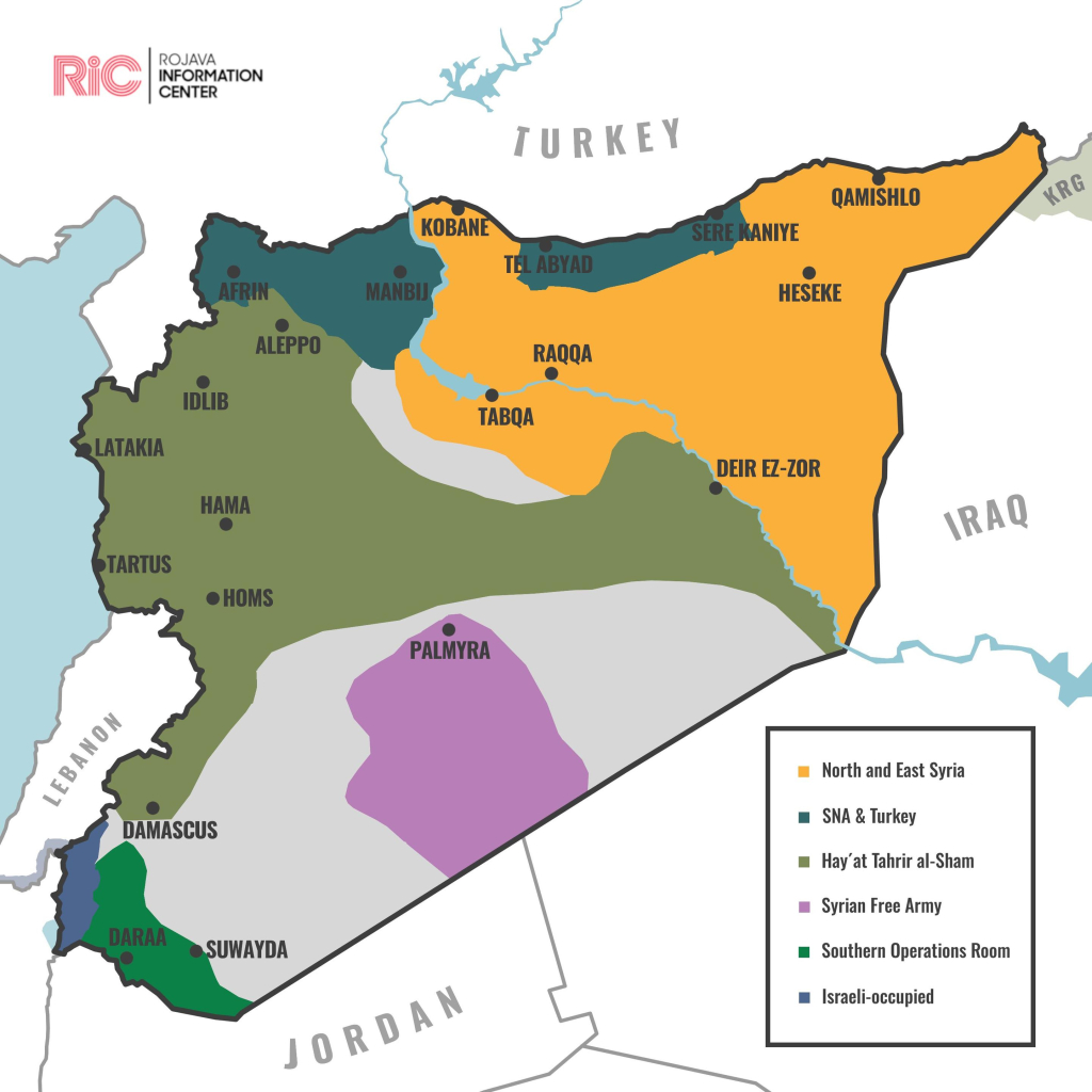 Map of all of Syria with colors showing territorial control by the different actors on the ground as of December 13, 2024.