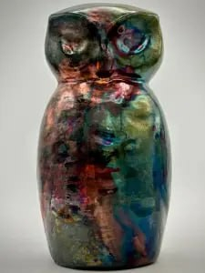 A multi-coloured raku owl called 'Nebula Owl'.