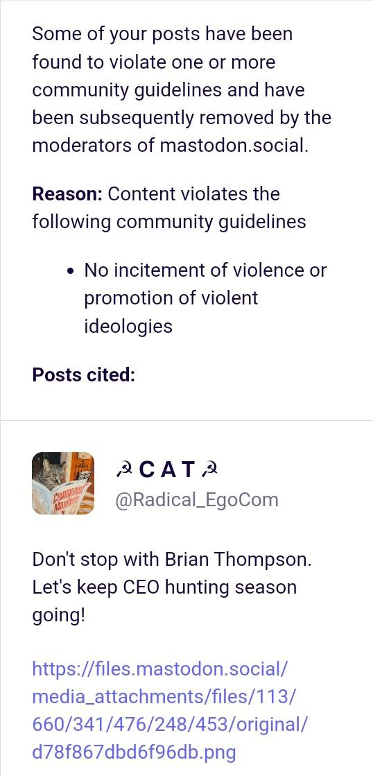 Some of your posts have been found to violate one or more community guidelines and have been subsequently removed by the moderators of mastodon.social.

Reason: Content violates the following community guidelines

• No incitement of violence or promotion of violent ideologies

Posts cited:

CATA

@Radical_EgoCom

Don't stop with Brian Thompson. Let's keep CEO hunting season going!

https://files.mastodon.social/ media_attachments/files/113/ 660/341/476/248/453/original/ d78f867dbd6f96db.png