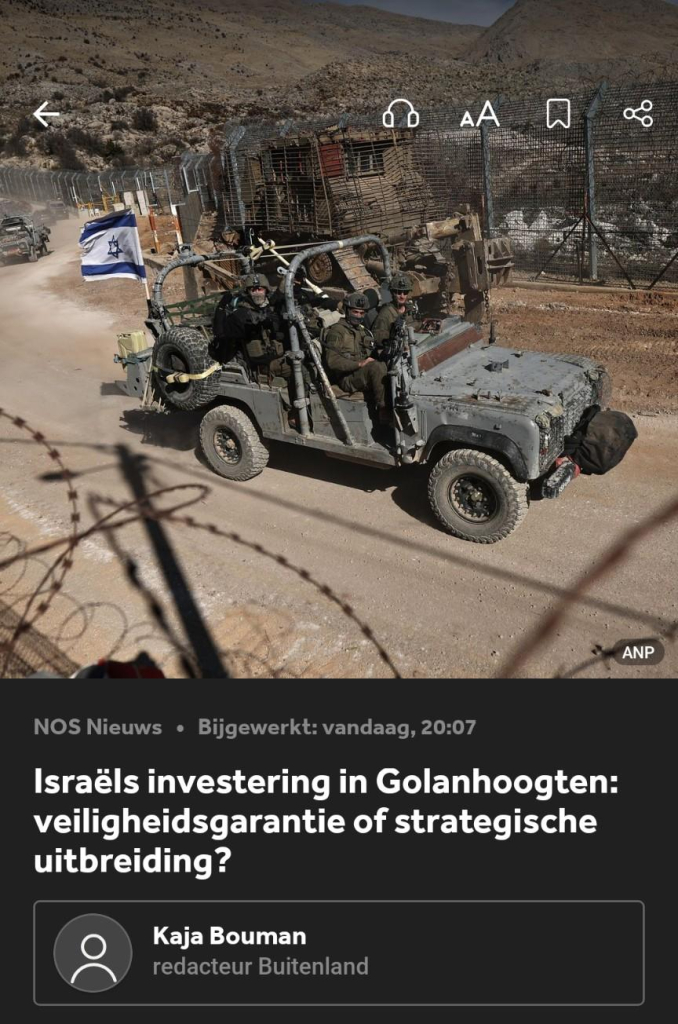 NOS artikel met de titel "Israëls investering in Golanhoogten: veiligheidsgarantie of strategische uitbreiding?"