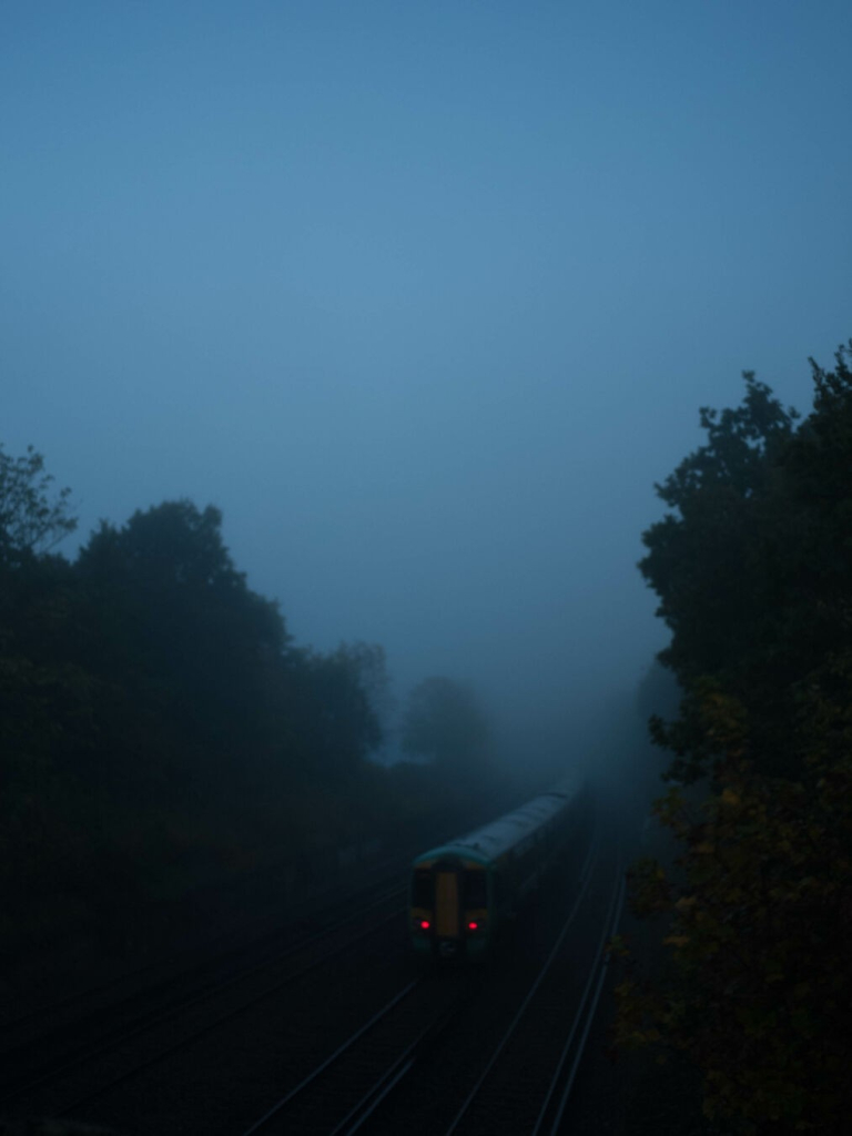 Photo of a soft grey-blueness that has descended from the sky, leaving only darkened trees, tracks and a train heading into nothingness.