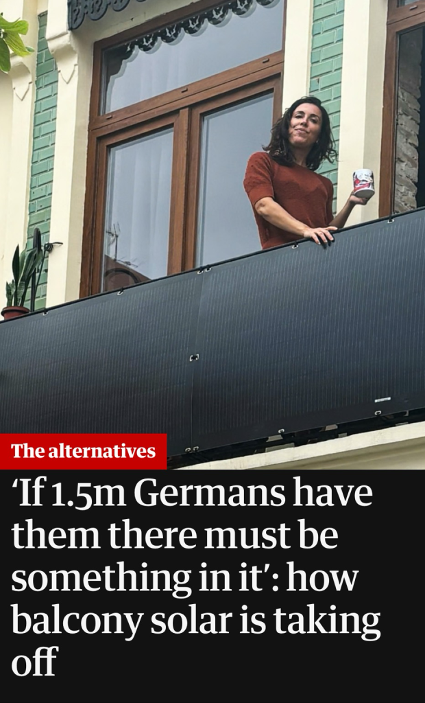 Photograph of solar panels hung on a balcony rail “'If 1.5m Germans have them there must be something in it': how balcony solar is taking off”