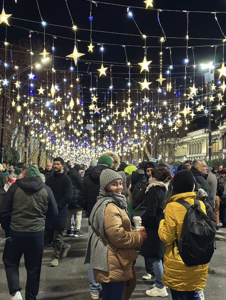 Protestors in Tbilisi, Georgia lit up by a lovely Christmas display of lights overhead.