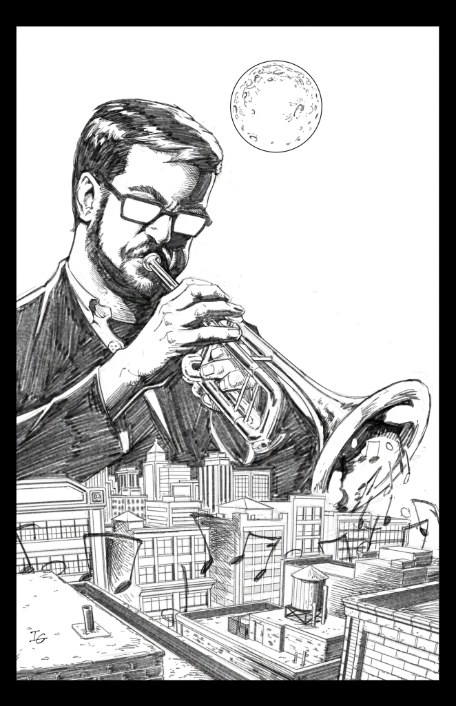 A sketch of a large man playing the trumpet over a city with notes coming out of the trumpet and flowing through the city.