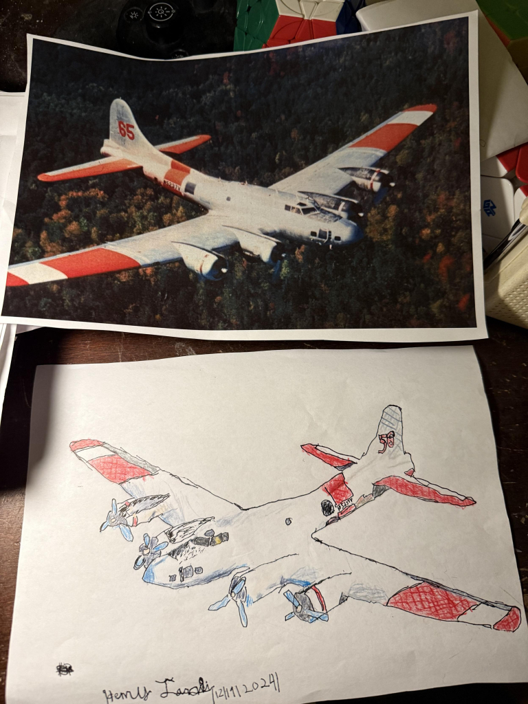 A photograph of an old aircraft in flight, and a hand drawn replica of their aircraft with coloring and shading. 