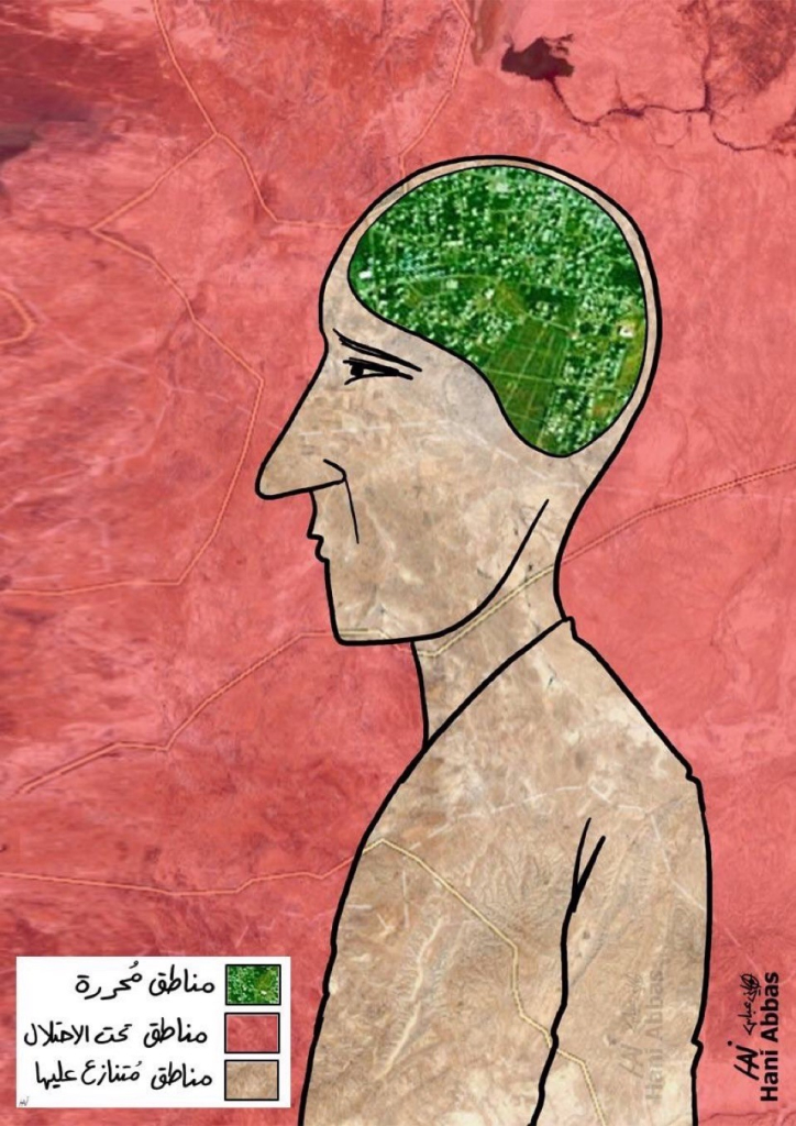 Cartoon of a person against a red background drawn to resemble a color-coded map of a conflict zone. The person’s body is brown and their brain is green. The map’s legend reads, green zone - liberated areas, red zone - areas under occupation, brown zone - disputed areas