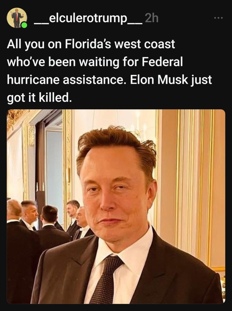 Screenshot of a Threads post featuring a photo of Elon Musk.
The caption reads...
All you on Florida’s west coast who’ve been waiting for Federal hurricane assistance. Elon Musk just got it killed.