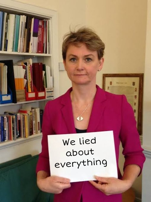 Picture of Yvette Cooper wearing a horrendous lurid pink jacket.  She's standing beside a bookshelf and holding a sign reading WE LIED ABOUT EVERYTHING