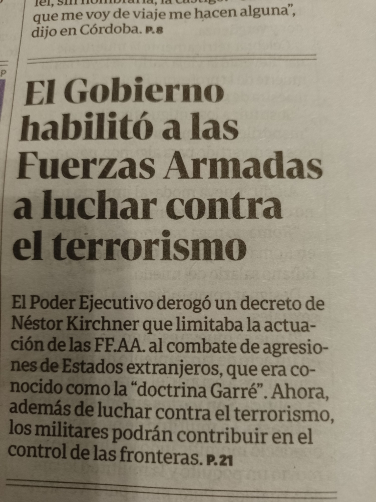 El gobierno habilitó a las fuerzas armadas a luchar contra el terrorismo. Clarín