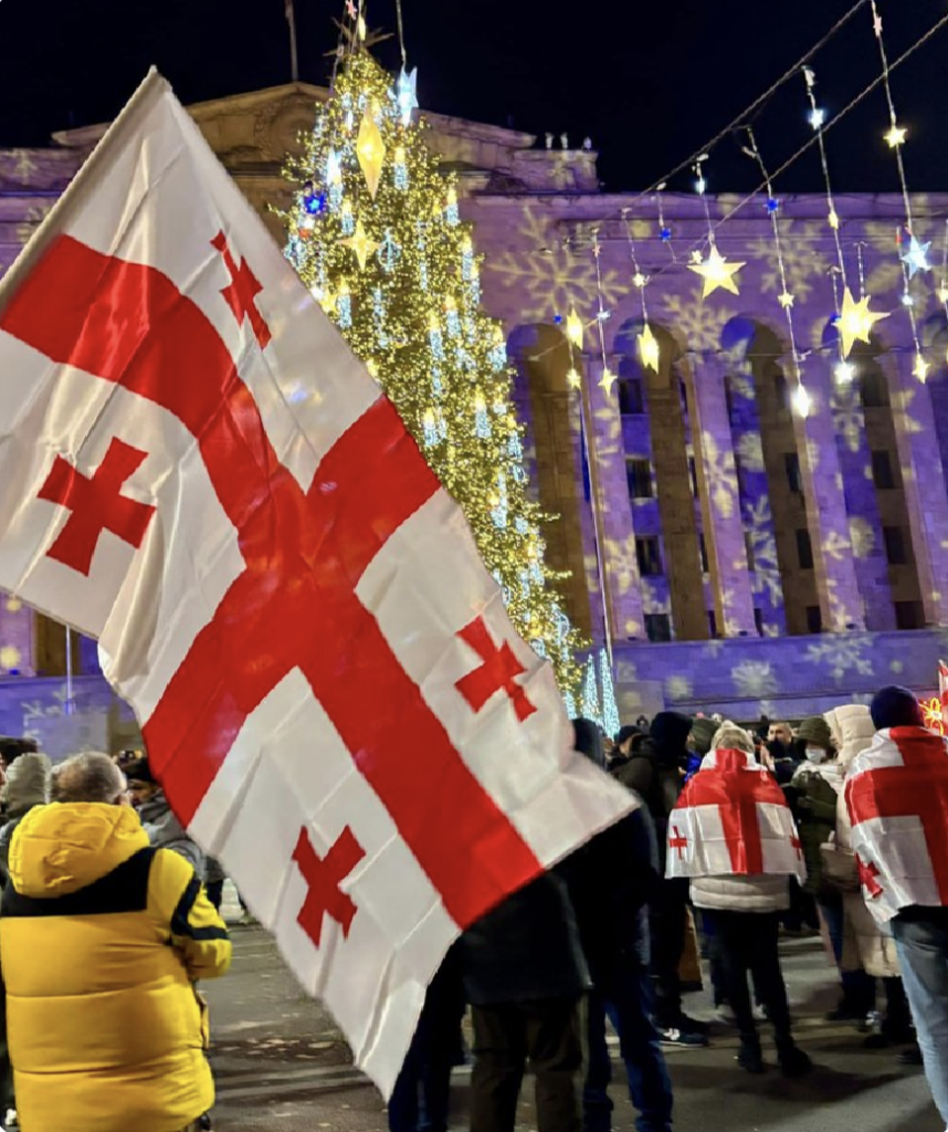 Protestors with Georgia flags outside Parliament in Tbilisi Georgia.

Photo by Anna Gvarishvili 