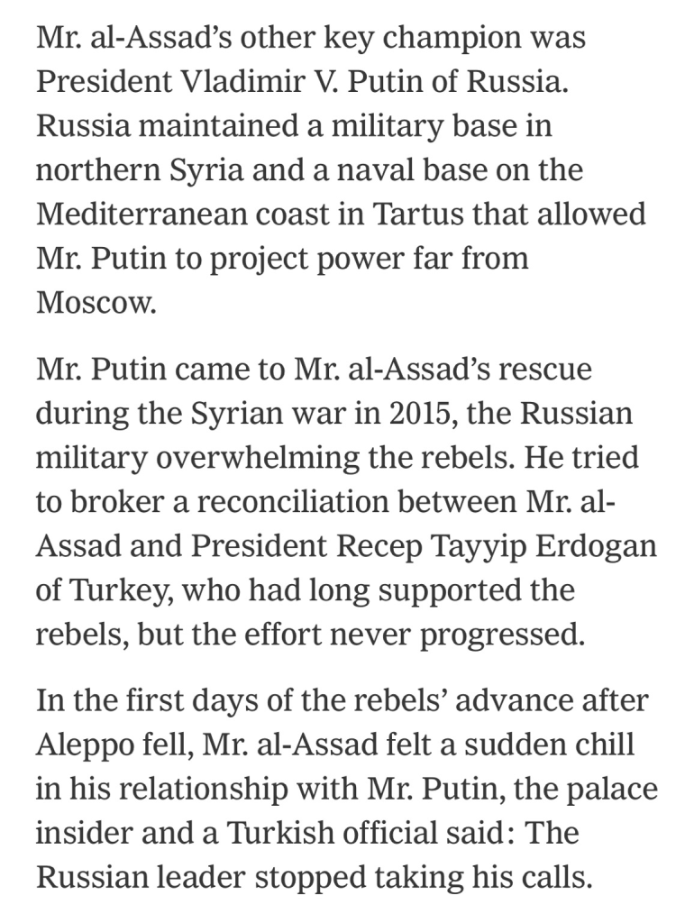 Text of Putin not taking Assad’s calls