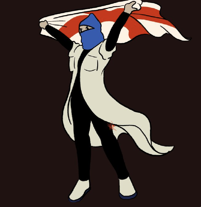 Illustration of a Georgian Khorumi Dancer. They are are wearing a traditional long white costume and a blue headscarf. They are holding a Georgian flag over their head