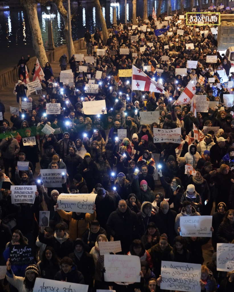 Thousands of protestors from the region of Khaketi march through the streets of Tbilisi towards parliament.