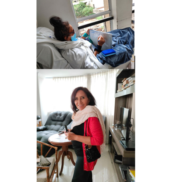 Two pictures of Elenita. In the top one, she is in a hospital bed, working on a whiteboard. In the bottom one, she is in a living room, turned to face the view with a warm smile.