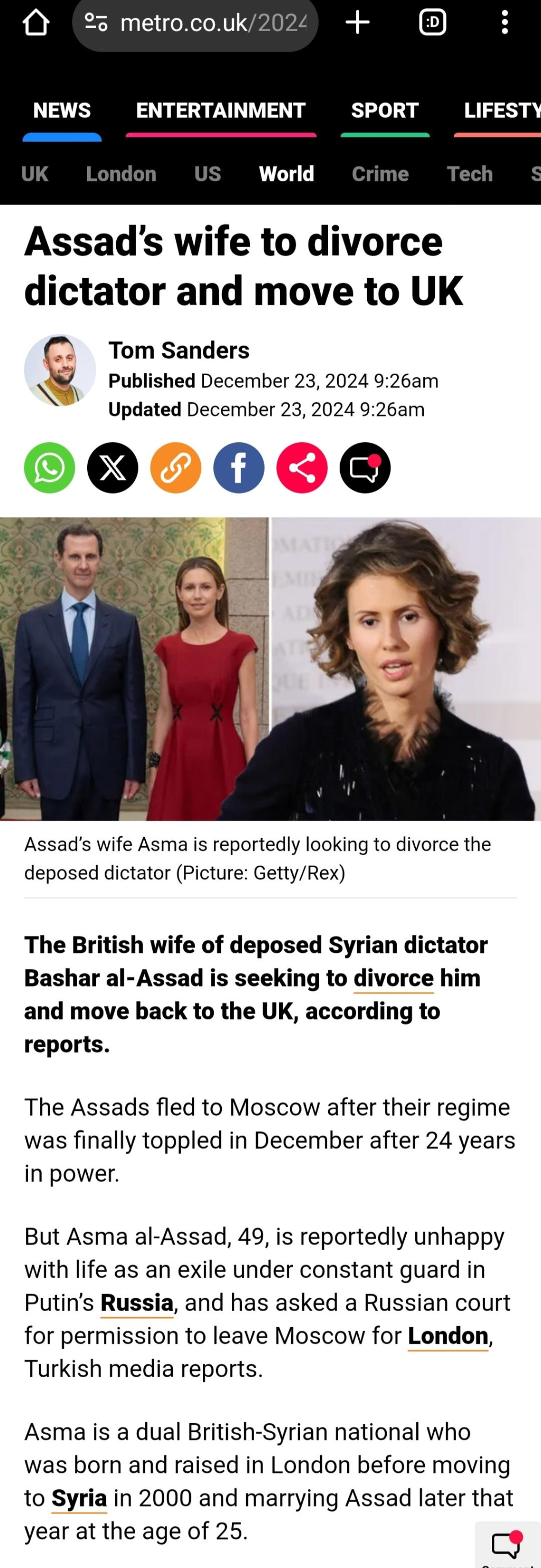 Metro:
British wife of ex-dictator Assad, now in exile in Moscow is seeking a divorce and permission to move to London