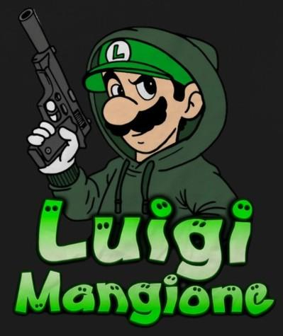 An image of Luigi Mario holding a gun pointed upward while smiling.