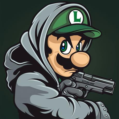 An image of Luigi Mario holding a gun pointed downward while scowling.