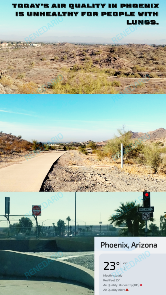 A photo collage. There are three photos and one mobile screenshot. The photos are arranged vertically. The top and middle photos are of a desert landscape. The sky is blue and dusty. The bottom photo is of a city landscape. The sky is blue and dust filled with dust and smoke. The screenshot shows the current weather, 23C, and air quality index, 105.