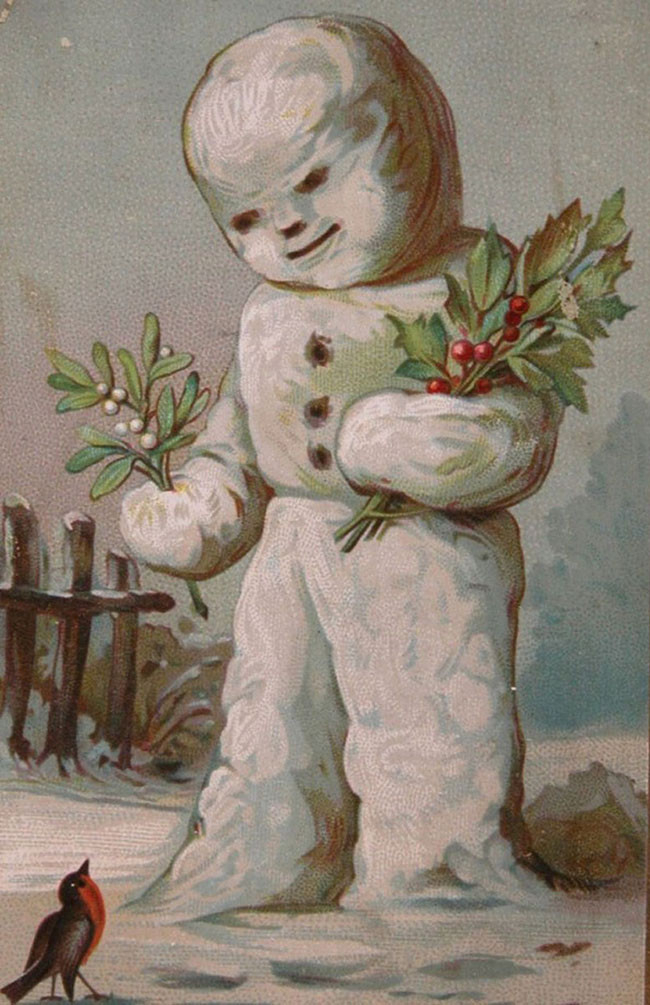 An old illustration of a large human shaped snowman holding mistletoe in one hand and a red berried plan in the other. It is looking down at a small robin in the bottom left, which is in turn looking up at the snowman's face. 