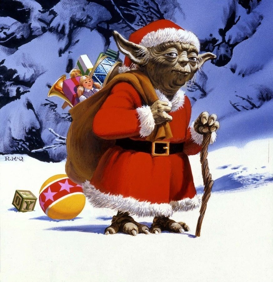 yoda, dressed up as santa claus, with a bag of toys and snowy background