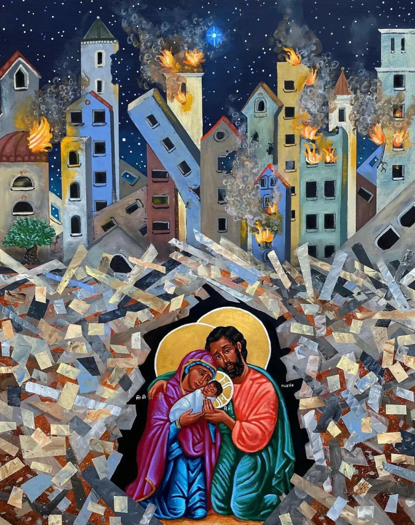 The image depicts a stylized depiction of the Holy Family—Mary, Joseph, and the baby Jesus—sheltered in a dark space amidst a chaotic scene of a city in flames and ruins. Many buildings are burning, collapsing, or already in rubble. The debris surrounds the Holy Family, creating a protective barrier of fragmented shapes. The background is a night sky with a single, bright star. The style is reminiscent of iconography.

Provided by @altbot, generated using Gemini