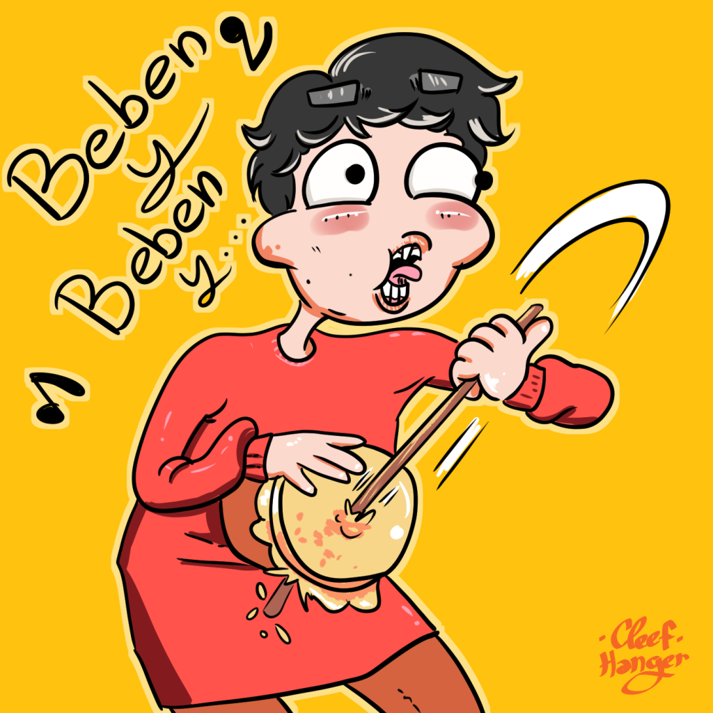 Woman of short hair with a zambomba. The stick of the zambomba goes through the jar of the zambomba breaking it. She puts a super stupid singing face. She is singing "beben y beben y vuelven a beber". Drawn in a cartoonistic style.